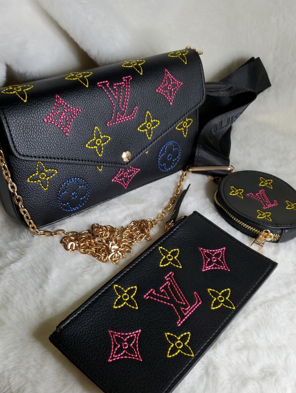 Black Multicolor Embroidered Monogram Crossbody Set